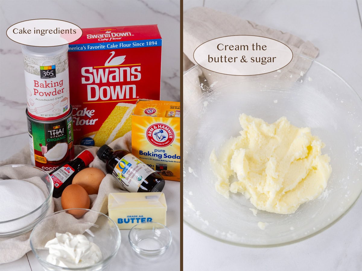 cake ingredients on left and creamed butter & sugar on right.