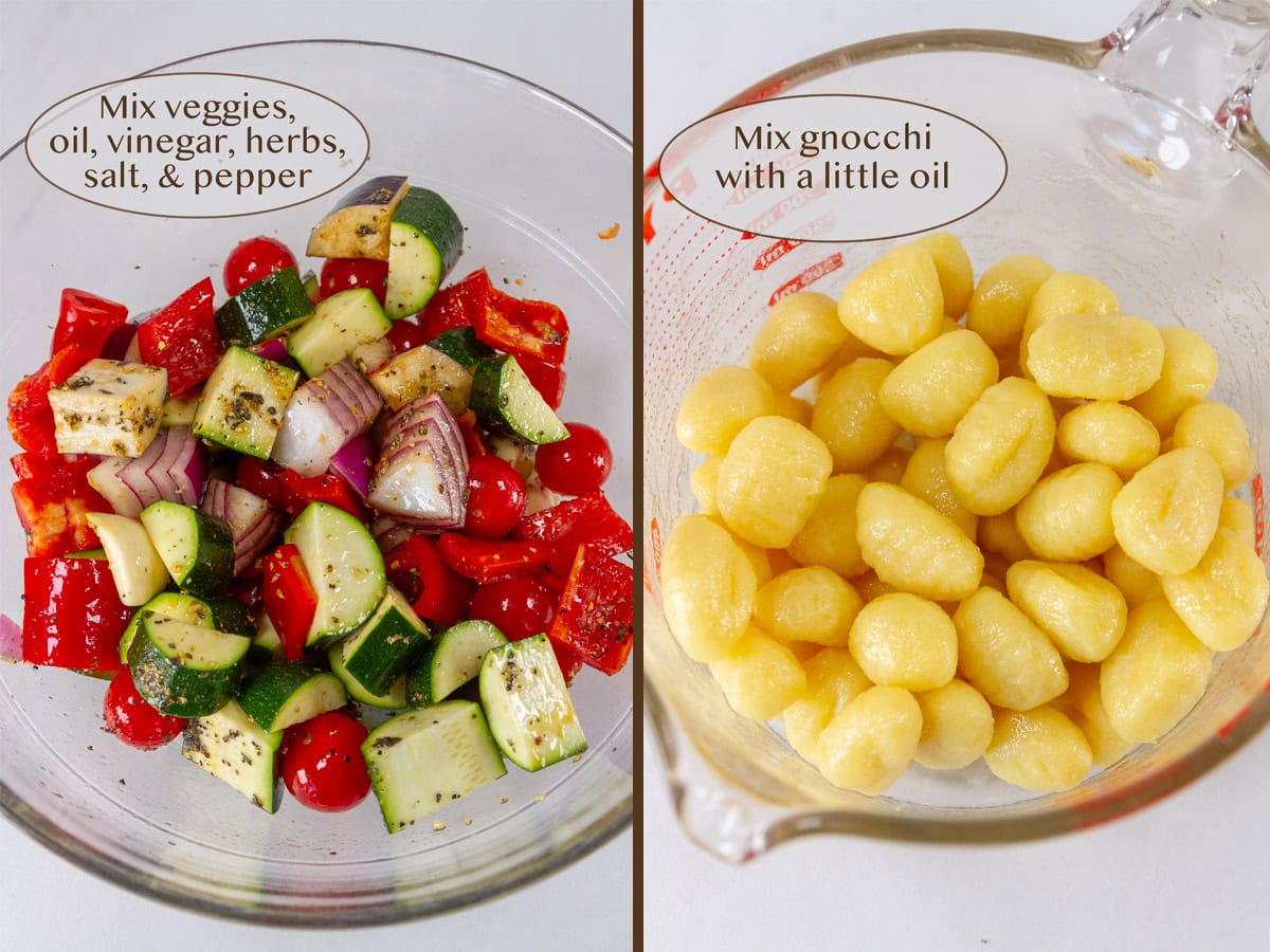 mixing veggies with spices on the left and gnocchi with oil on the right.
