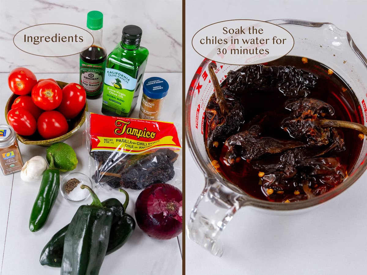 ingredients on left and soaking chiles in water on right.