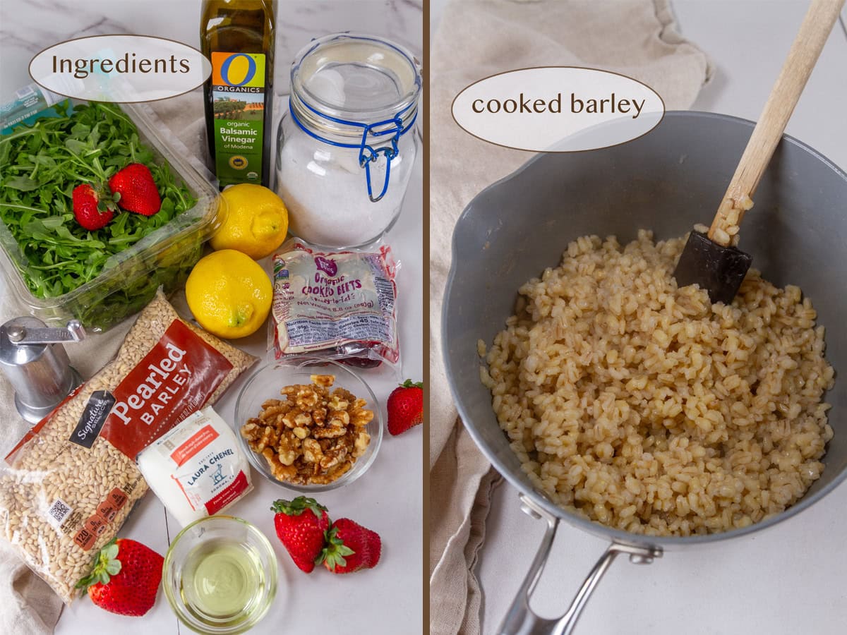 ingredients on the left and cooked barley in a pot on the right.