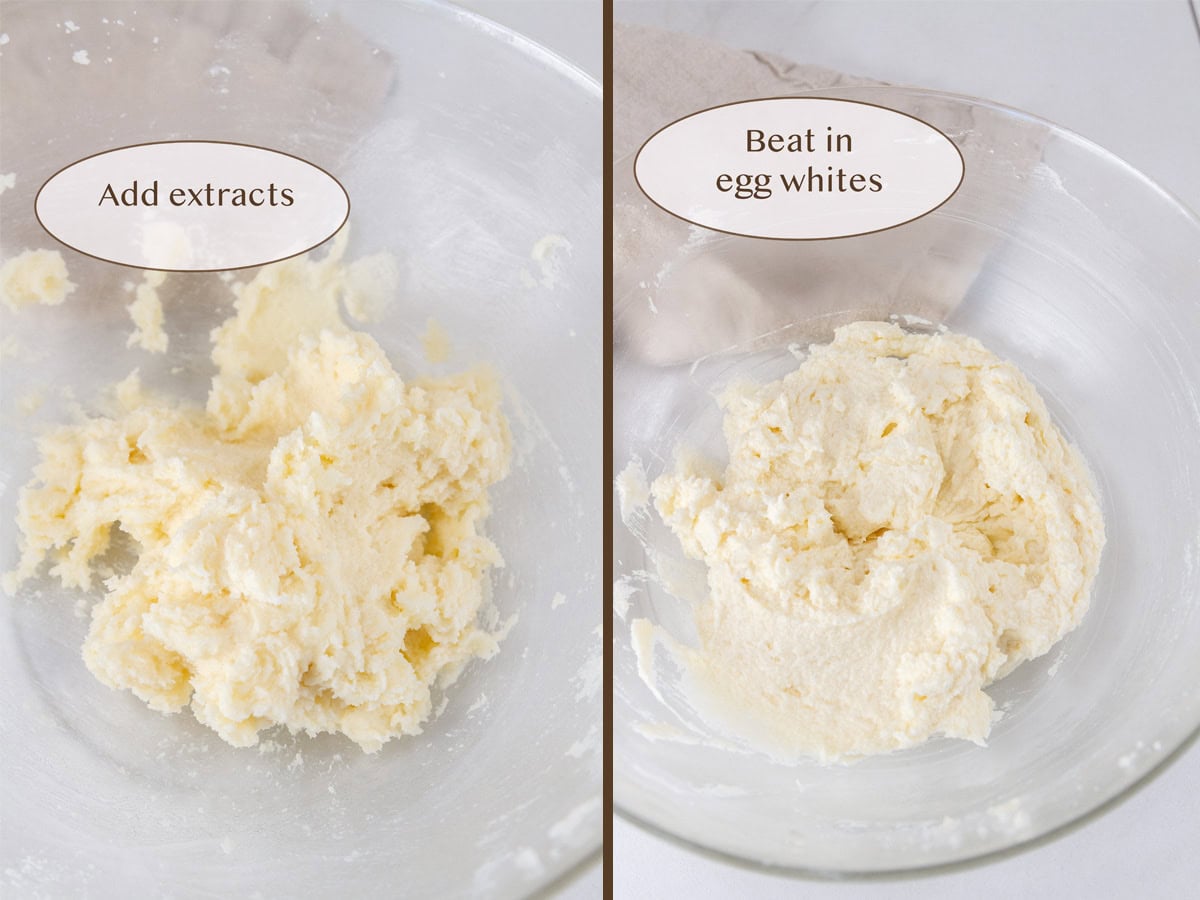creamed butter and sugar with extracts on left and with egg whites on right.