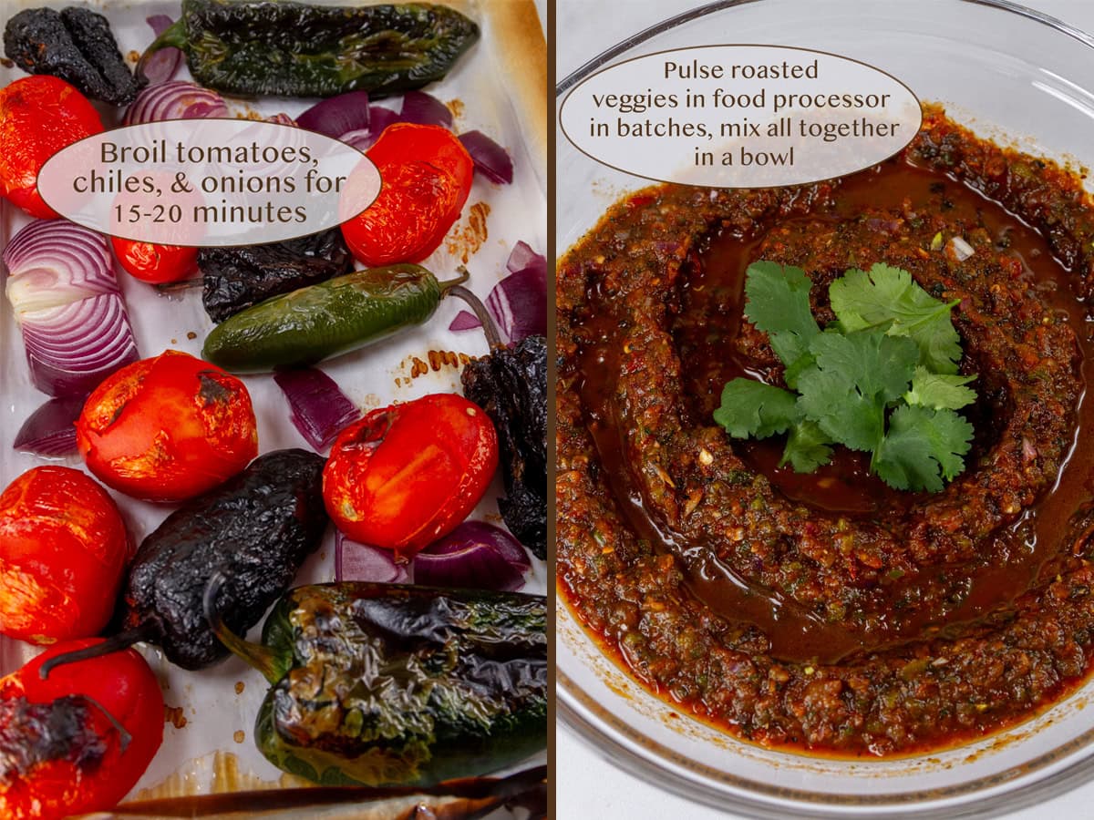 roasted veggies on left and salsa all blended and in a glass bowl on right.