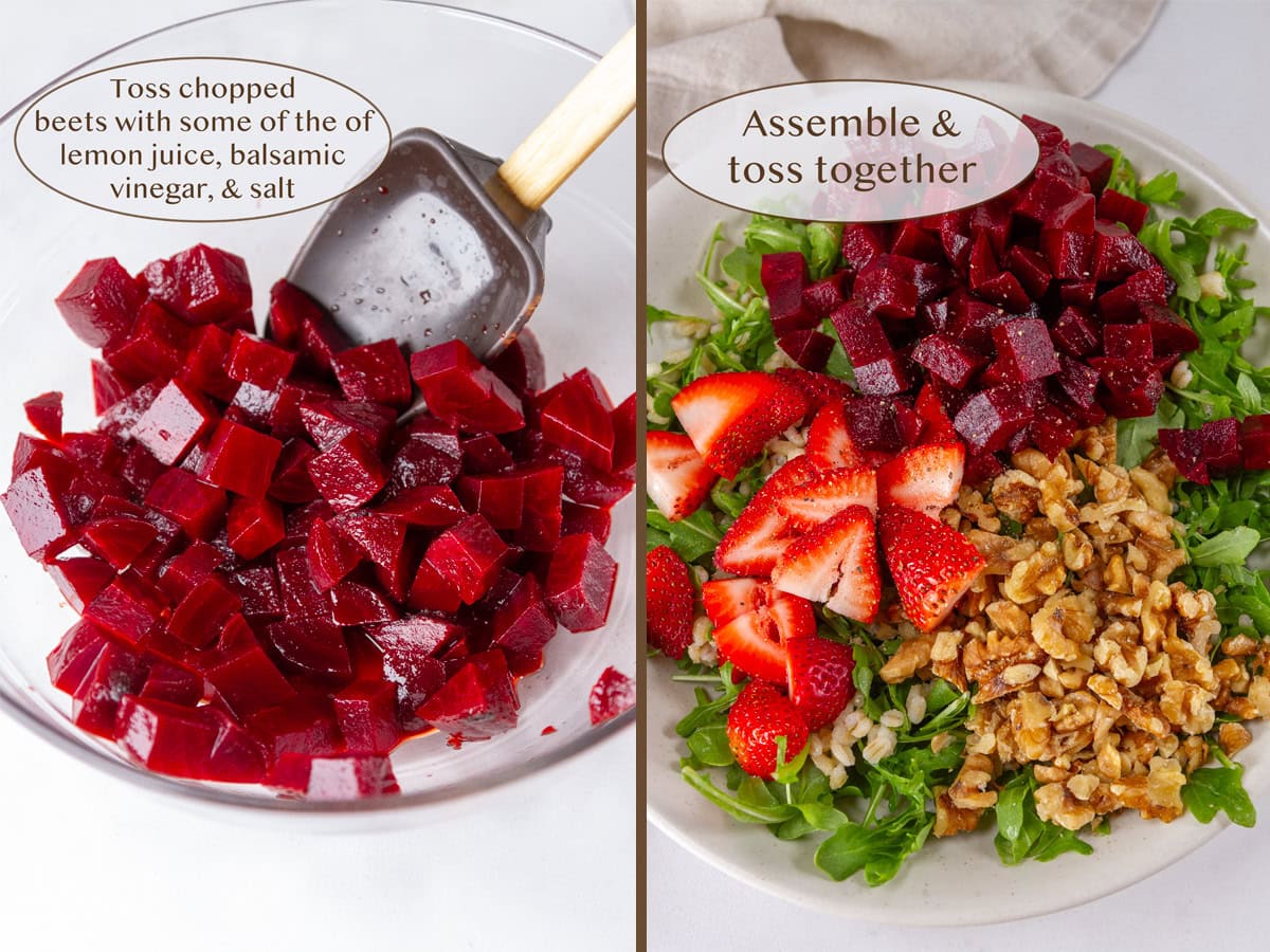 tossing beets in salad dressing on left and layered salad on the right.