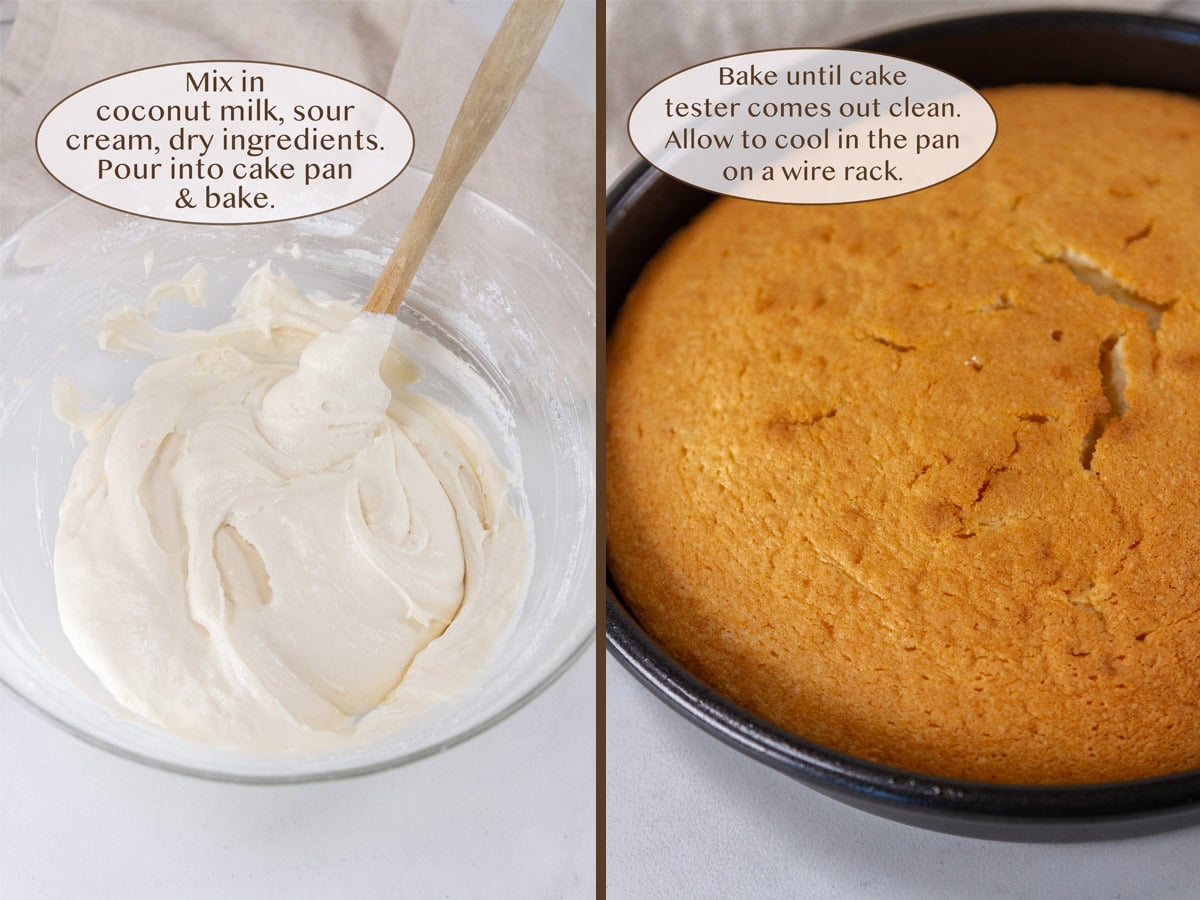 coconut milk, sour cream, and dry ingredients added to batter on left and the baked cake on right.