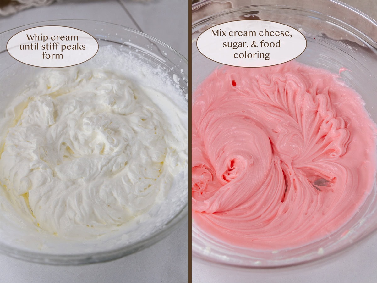 whipped cream in a bowl on left and cream cheese frosting with red food coloring on right.
