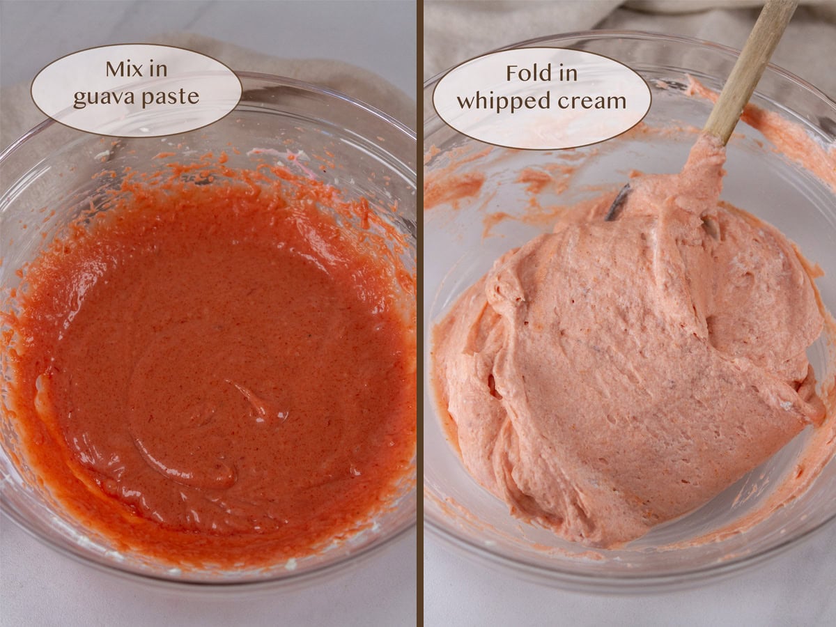 guava paste mixed into the frosting on left and whipped cream folded in on right.