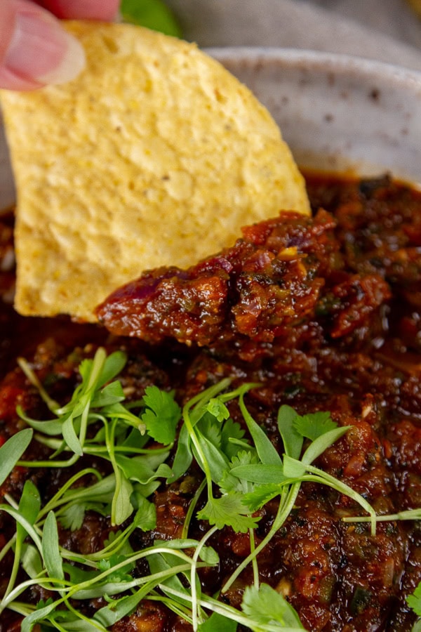 a chip dipping into a bowl of salsa.