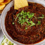 square crop of a bowl of salsa with a tortilla chip in it.