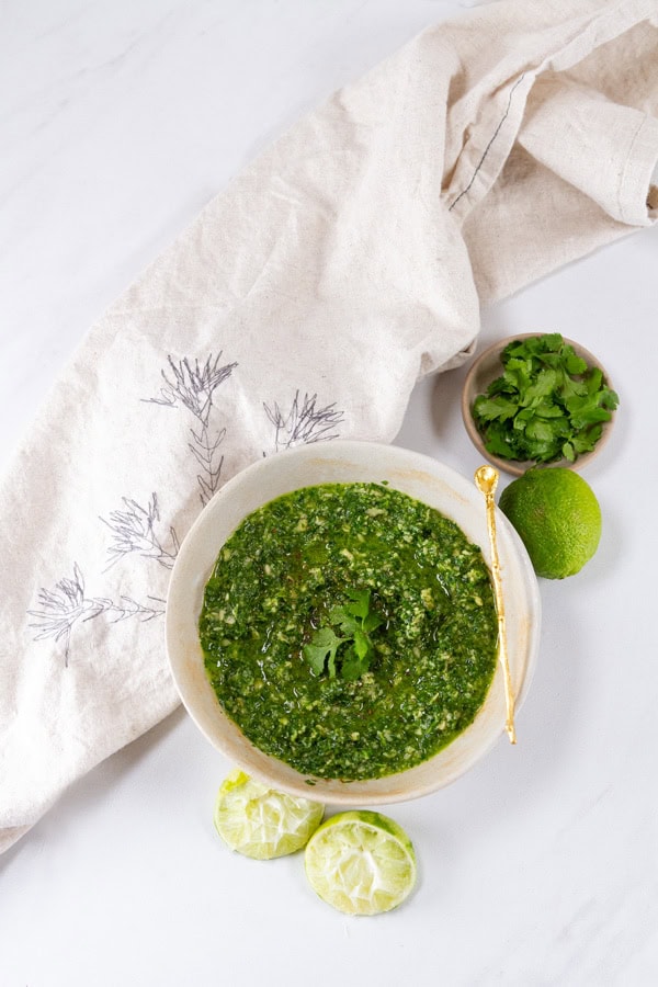 looking down on a bowl of pesto with limes and a small bowl of cilantro around it.