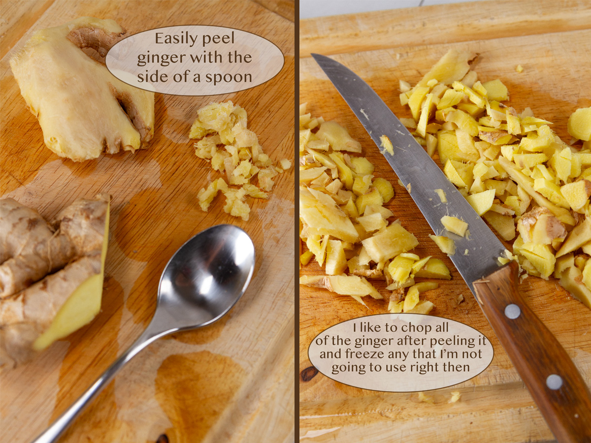 peeling ginger on left and chopping on right.