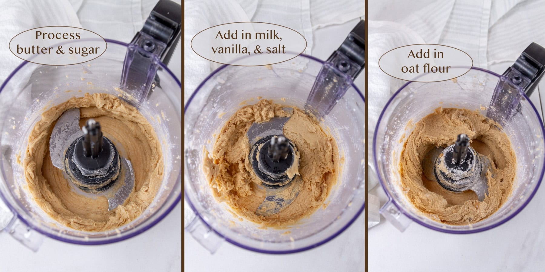 making cookie dough in the food processor, three images in a collage.
