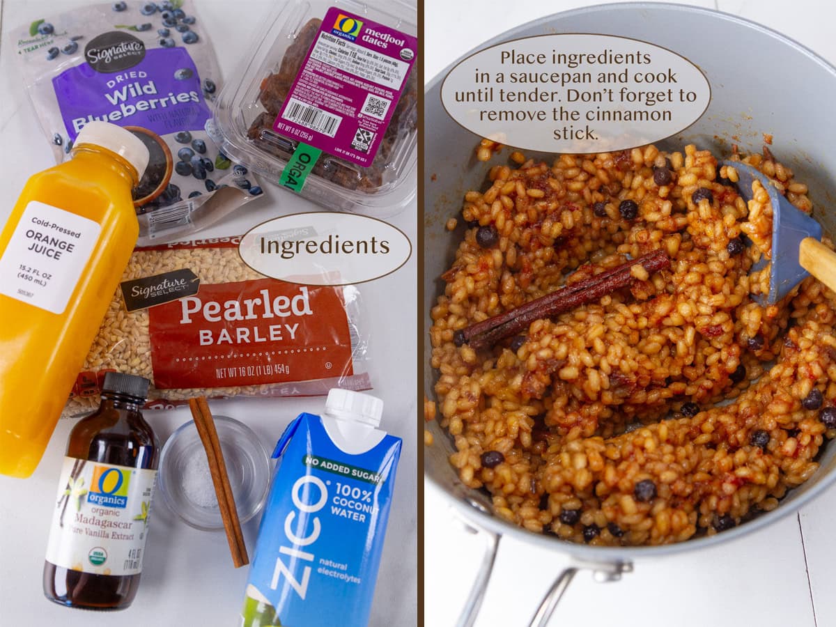 ingredients on left and cooked barley in a pot on right.