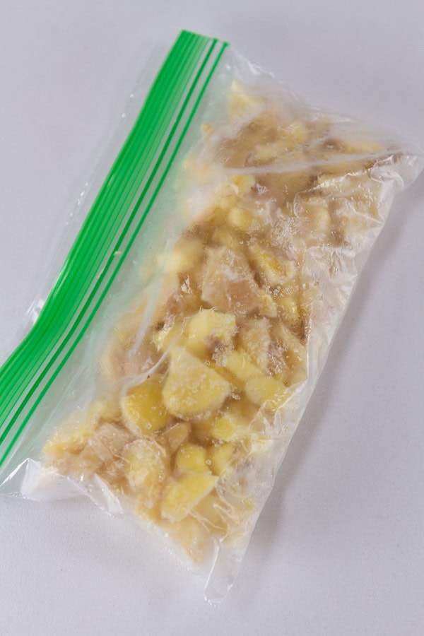 chopped ginger in a ziploc bag.