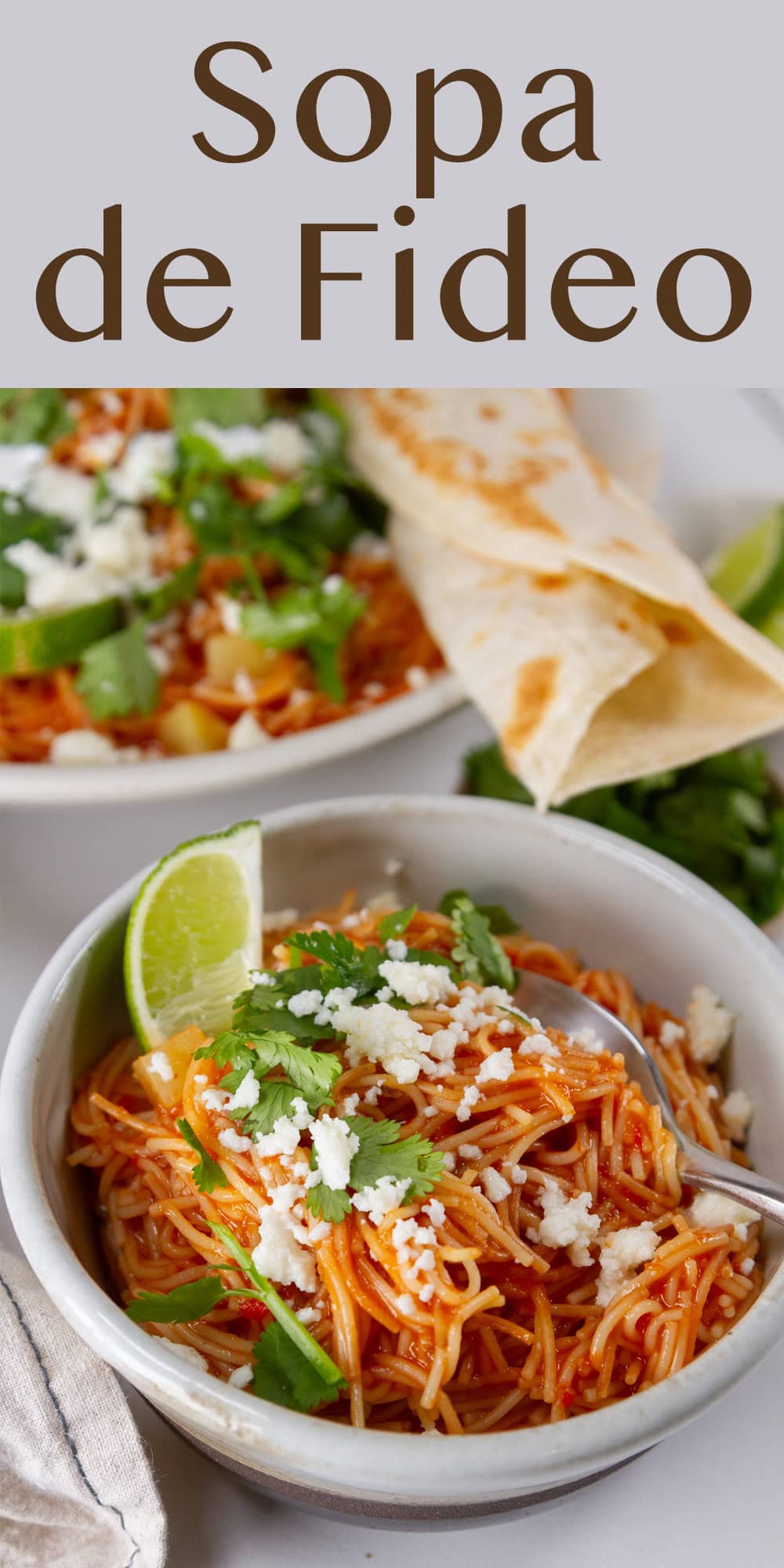 a serving bowl of soup in front of the large pot of soup with a flour tortilla for dipping. 