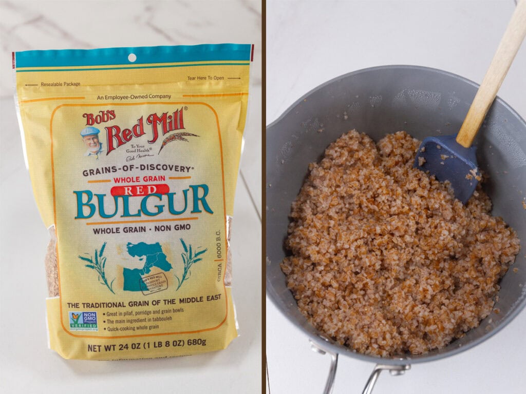 a bag of unccoked bulgur on the left and cooked bulgur in a pot on right.