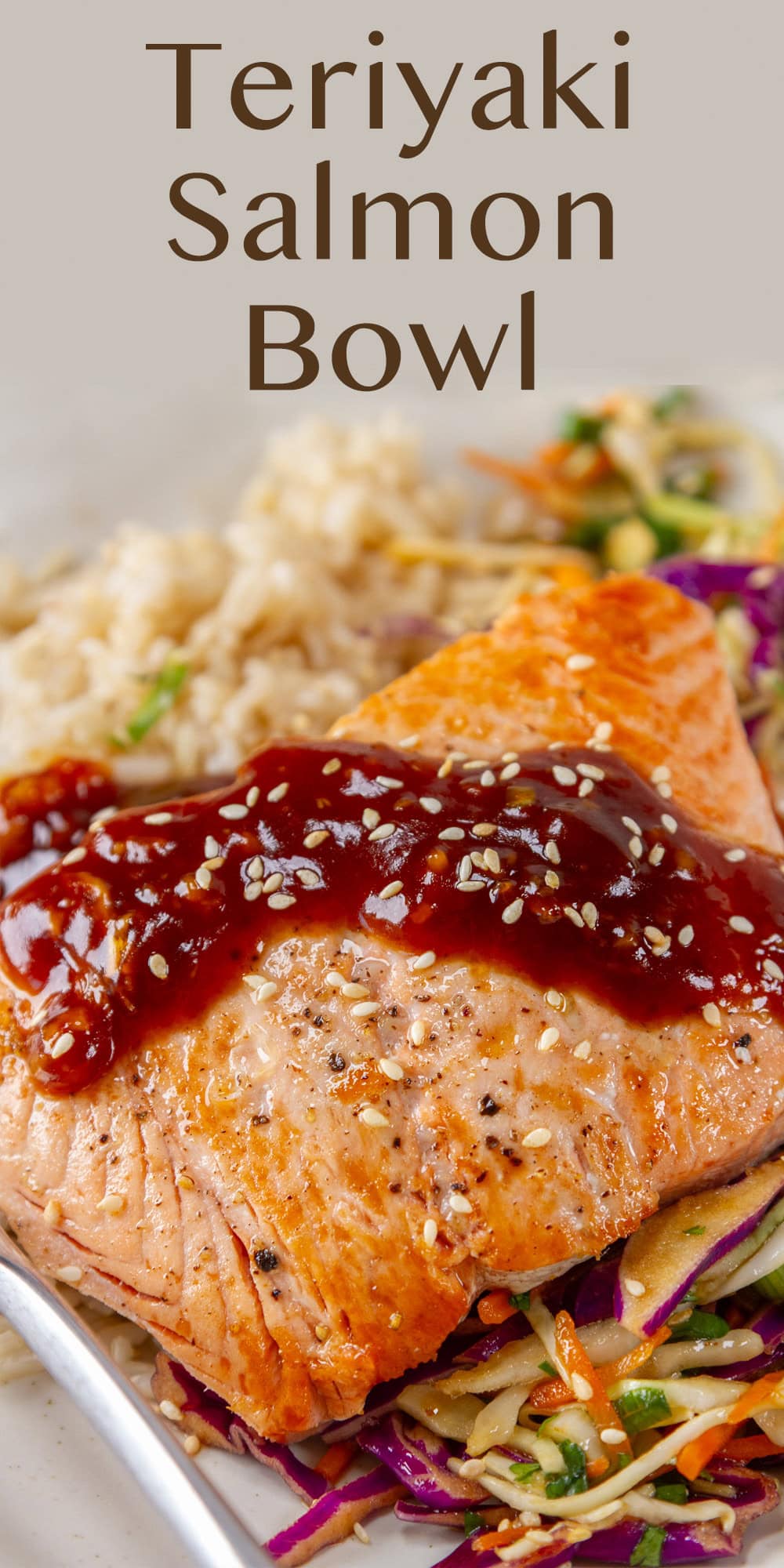 close up on a piece of seared salmon with teriyaki sauce over the top.