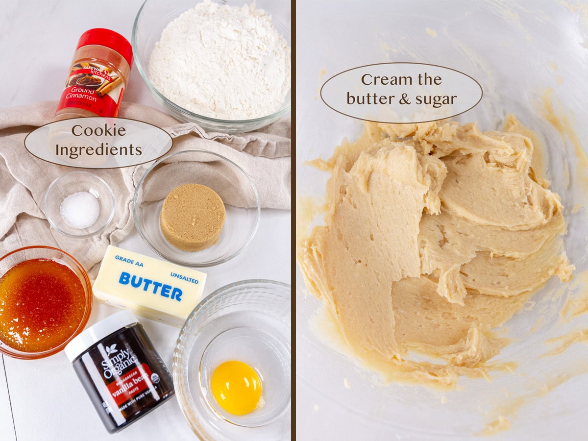 ingredients for cookies on left and creamed butter and sugar on right.