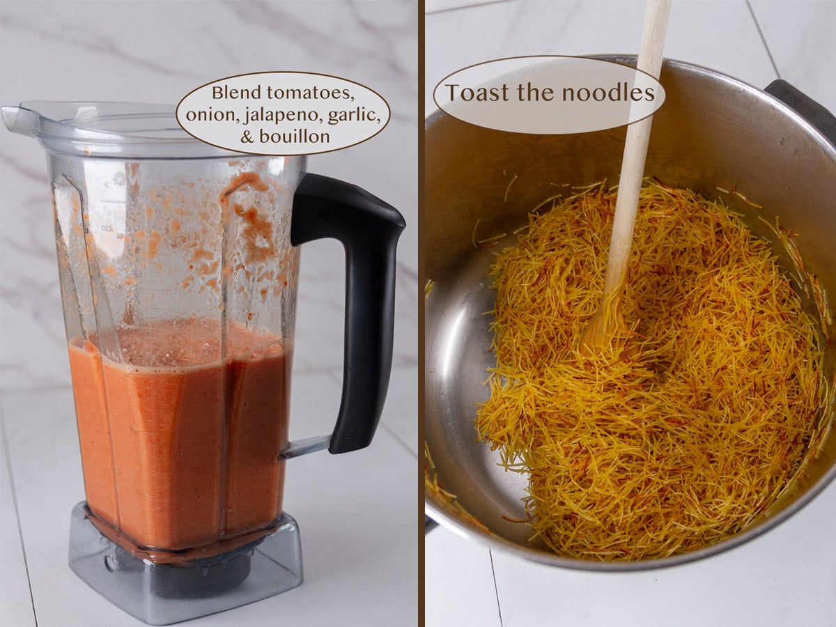 a blender filled with fresh tomato sauce on left and toasting fideo on right.