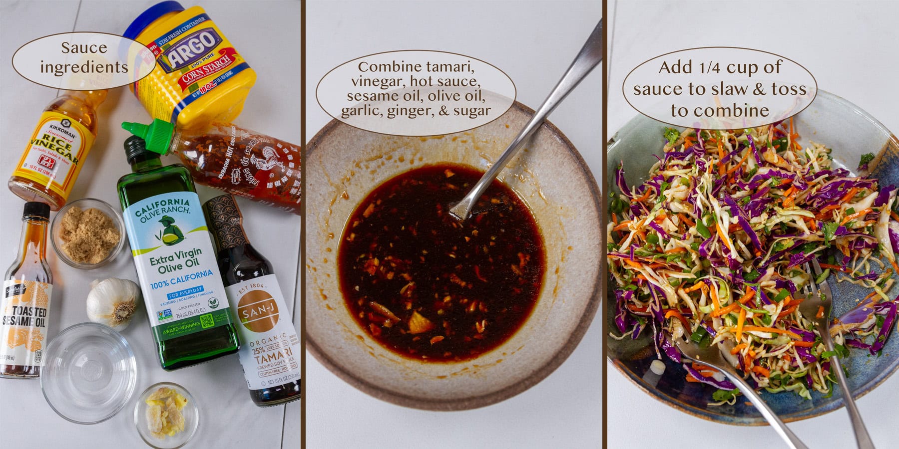 a collage of three images: ingredients, sauce mixed together, and some sauce added to slaw.