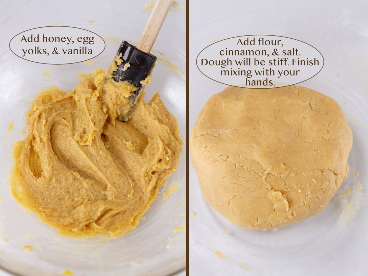 added honey, egg yolks, and vanilla to the dough on left, and with all ingredients added on right.