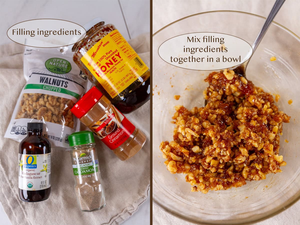 filling ingredients on left and filling in a bowl on right.