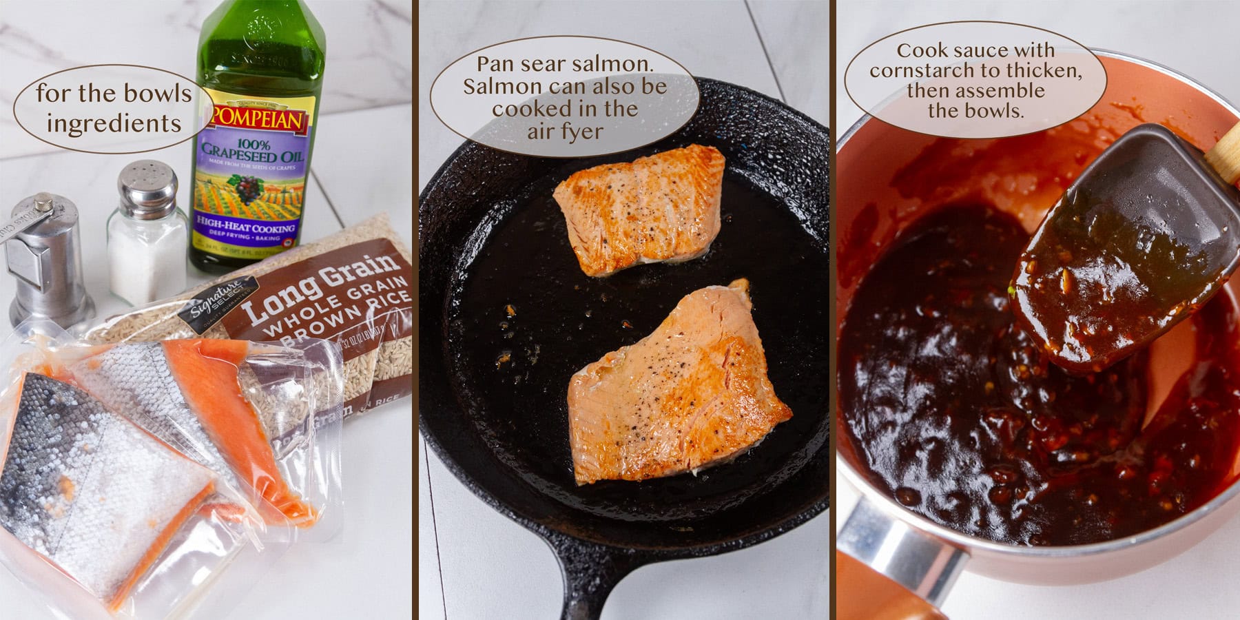 a collage of three images: ingredients, salmon cooked in a cast iron skillet, and thickened cooked teriyaki sauce.