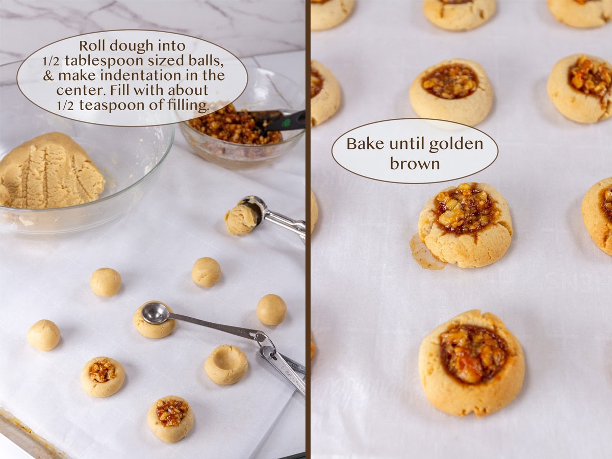shaping and filling cookies on left and baked cookies on right.