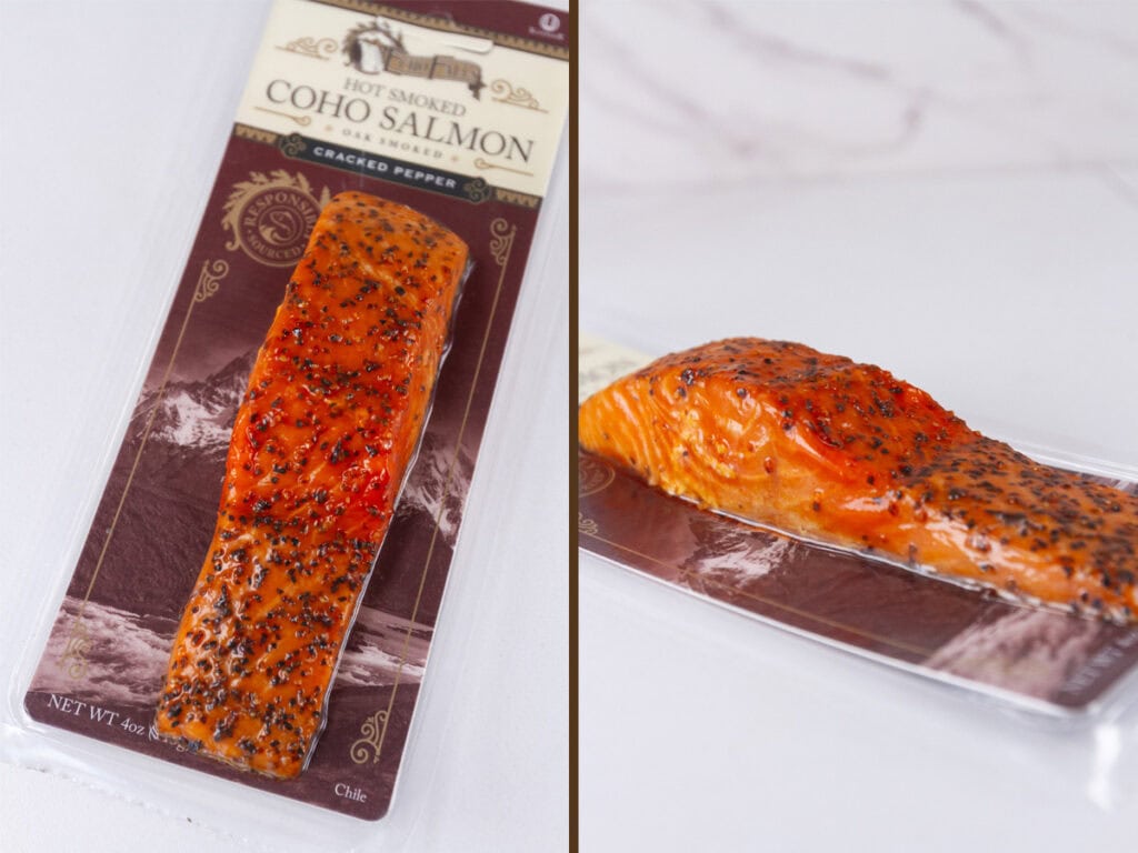 a piece of smoked salmon from the top on left and from the side on right.