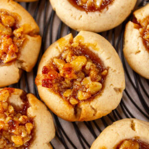 square crop looking down on some cookies on a wire tray.