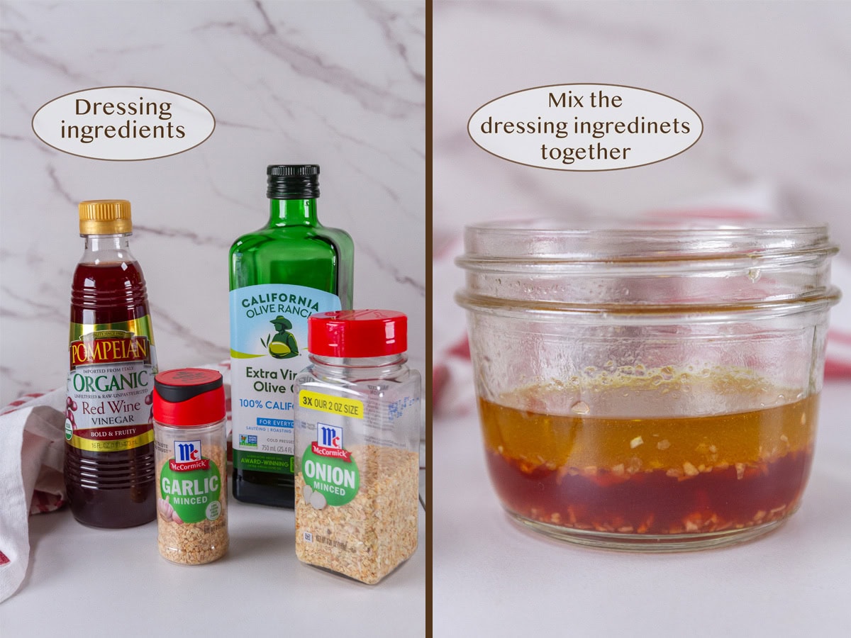dressing ingredients on left and dressing mixed in a glass jar on right.