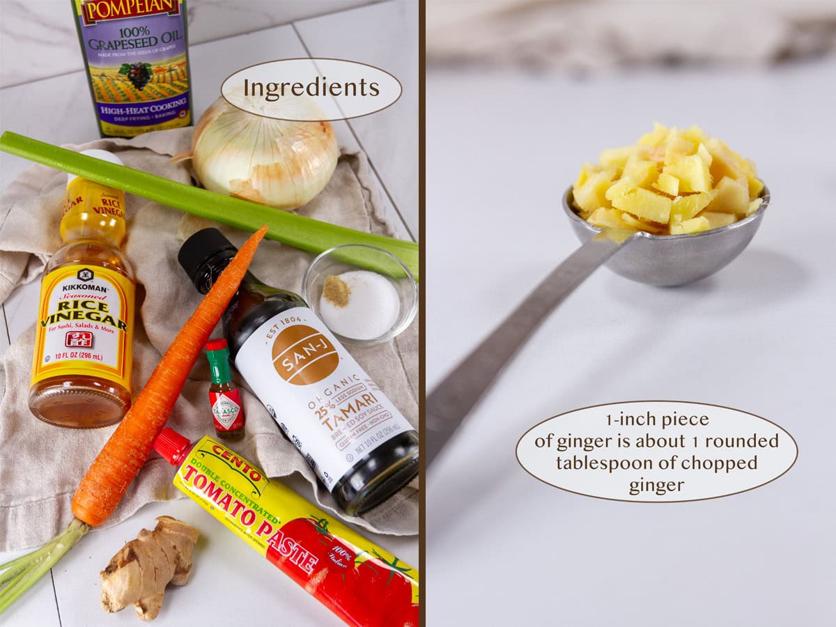 ingredients on left and a spoonful of fresh ginger on the right.