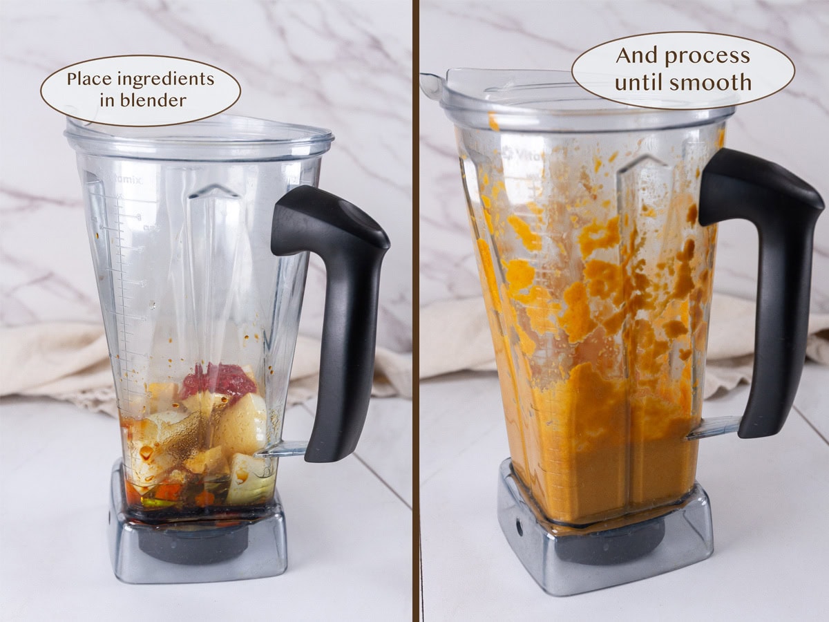 ingredients in blender on left and after being processed on right.