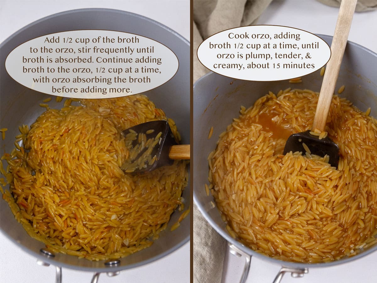 adding broth to cook orzo like risotto.
