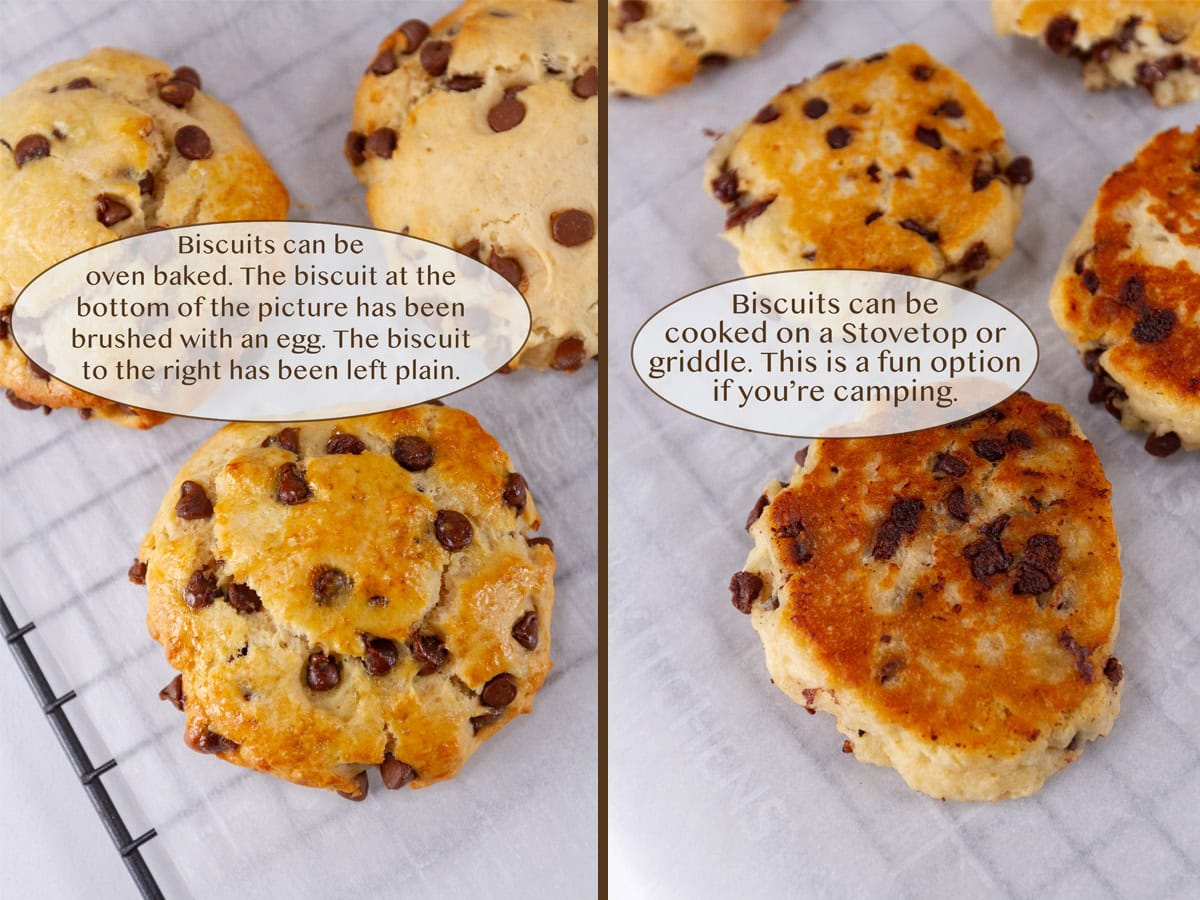 oven baked biscuits on left and griddle cooked on right.