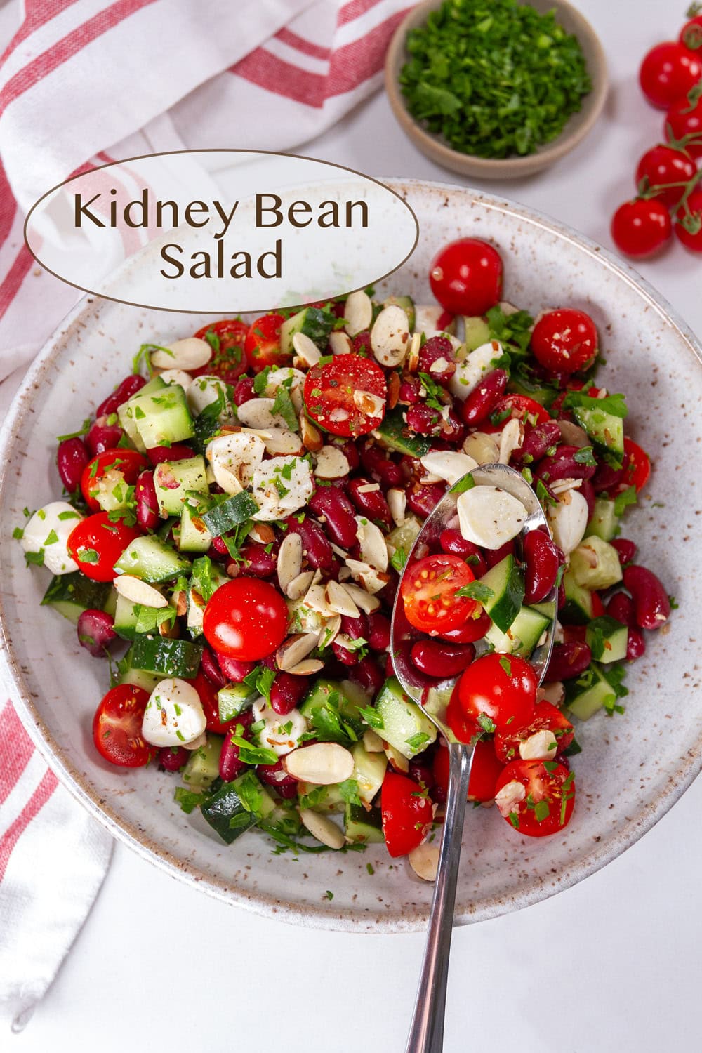 a white bowl filled with a kidney bean salad, a serving spoon in the salad, a small bowl of parsley in the upper right and some cherry tomatoes.