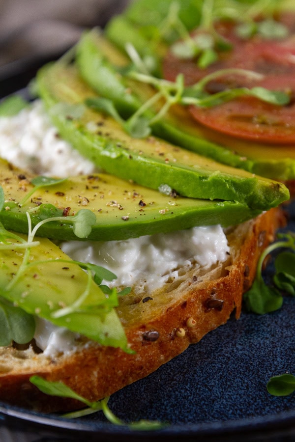 close up on cottage cheese avocado toast with tomato on a blue plate.