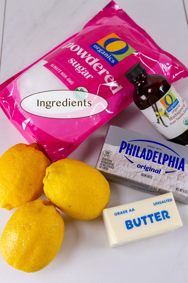 ingredients for lemon cream cheese frosting.