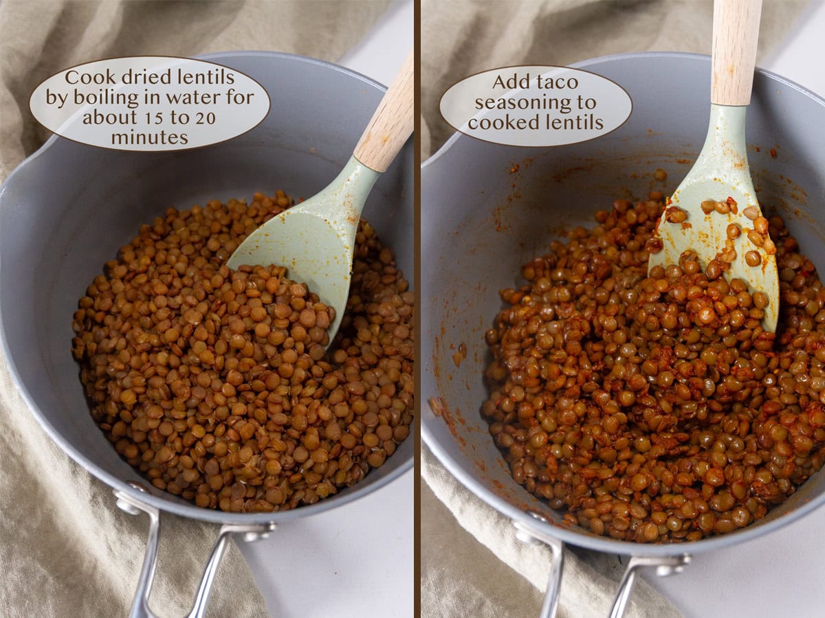 cooked lentils in a saucepan on left and with added spices on right.