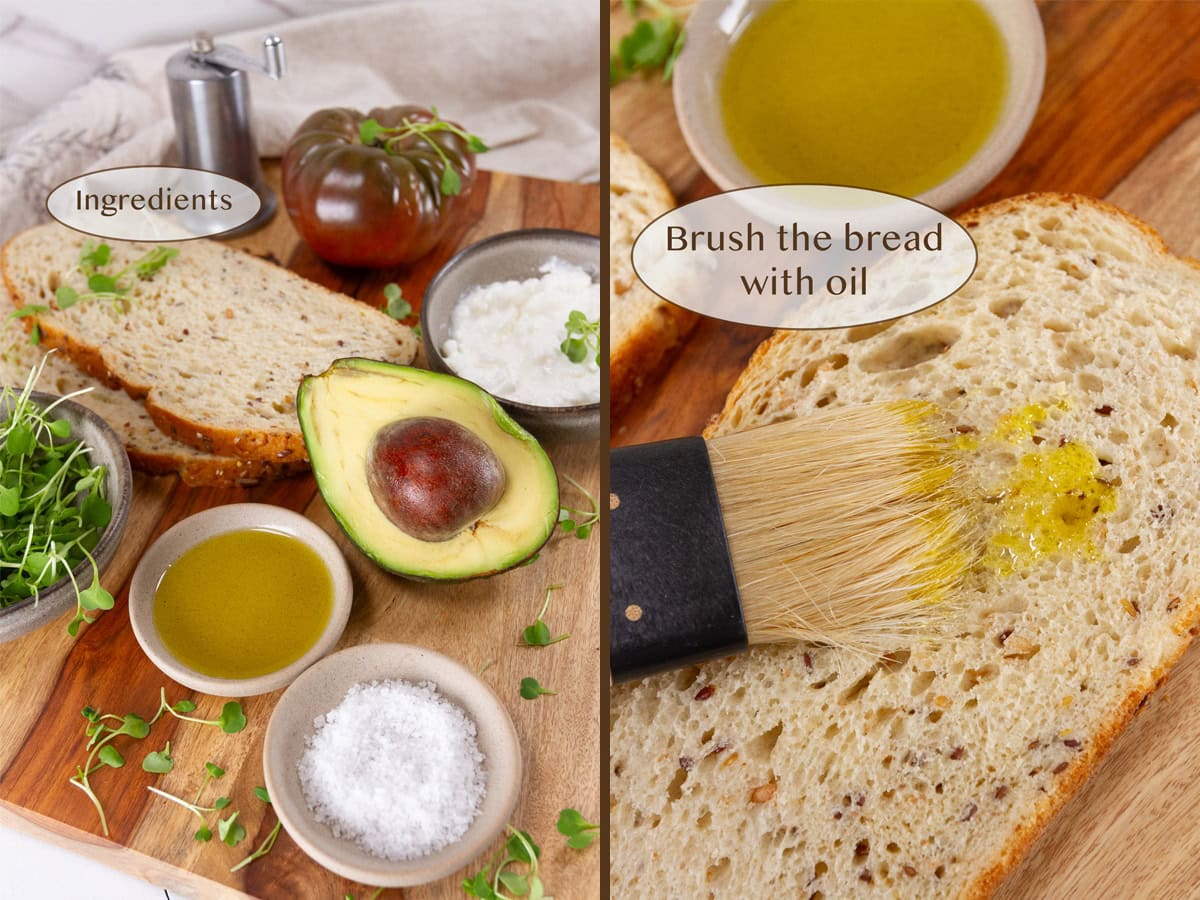 ingredients on left and brushing bread with olive oil on right.