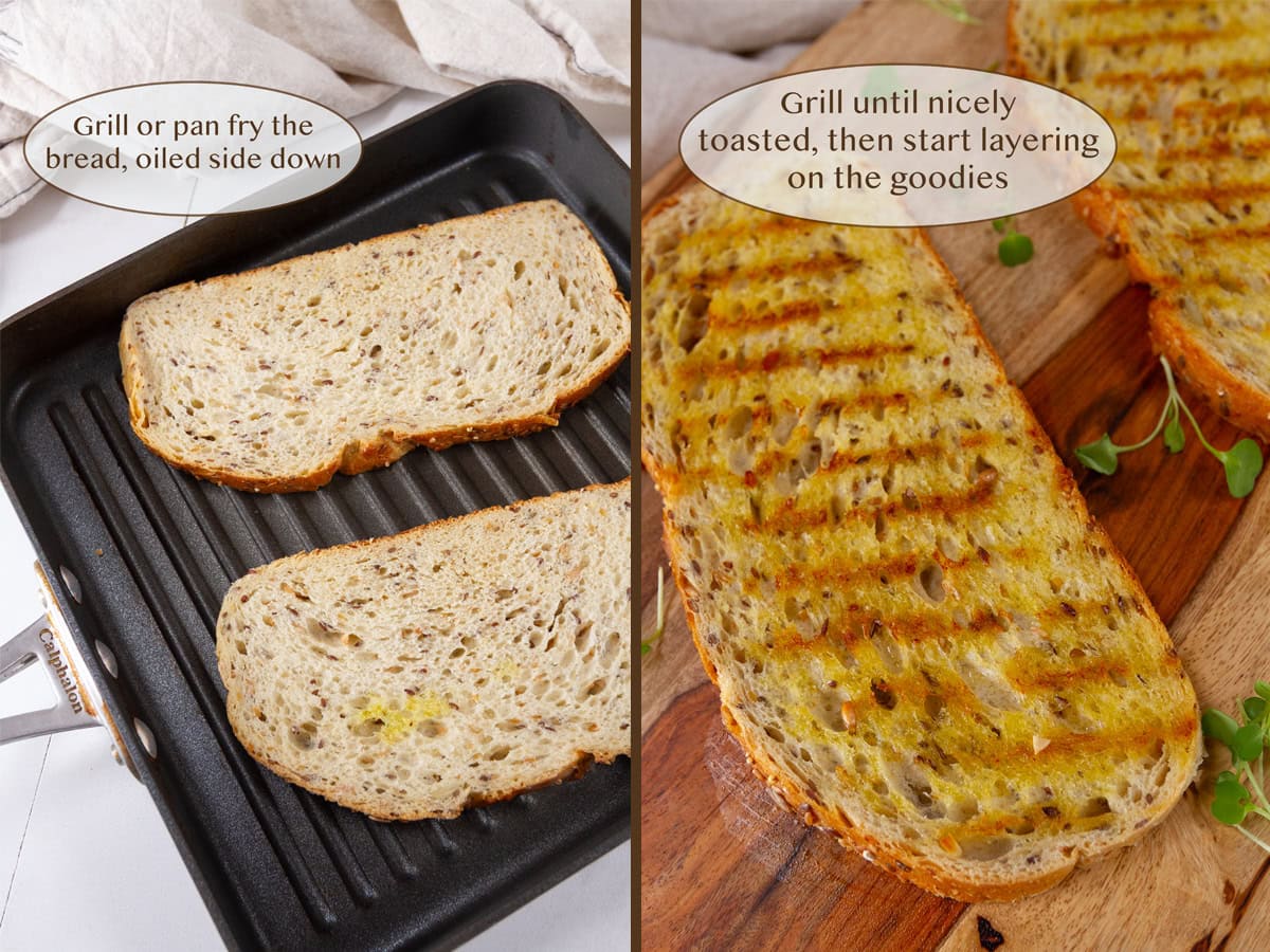 bread in a grill pan on left and toasted on right.
