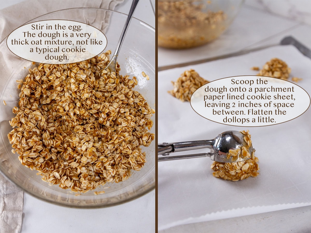 cookie dough in a bowl on left and being scooped onto baking sheets on right.