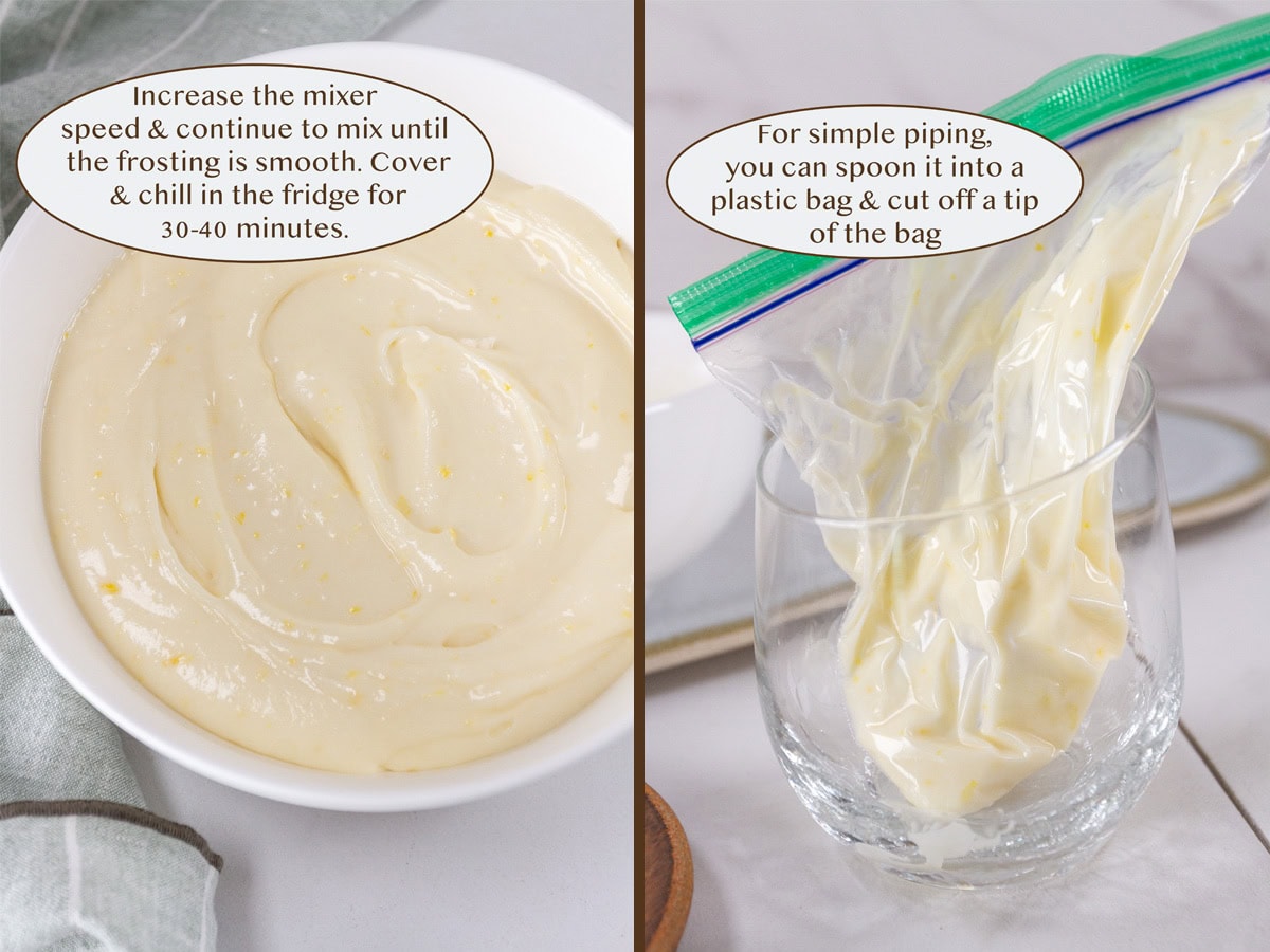 mixed frosting in a white bowl and a plastic bag filled with frosting to use it to pipe the frosting.