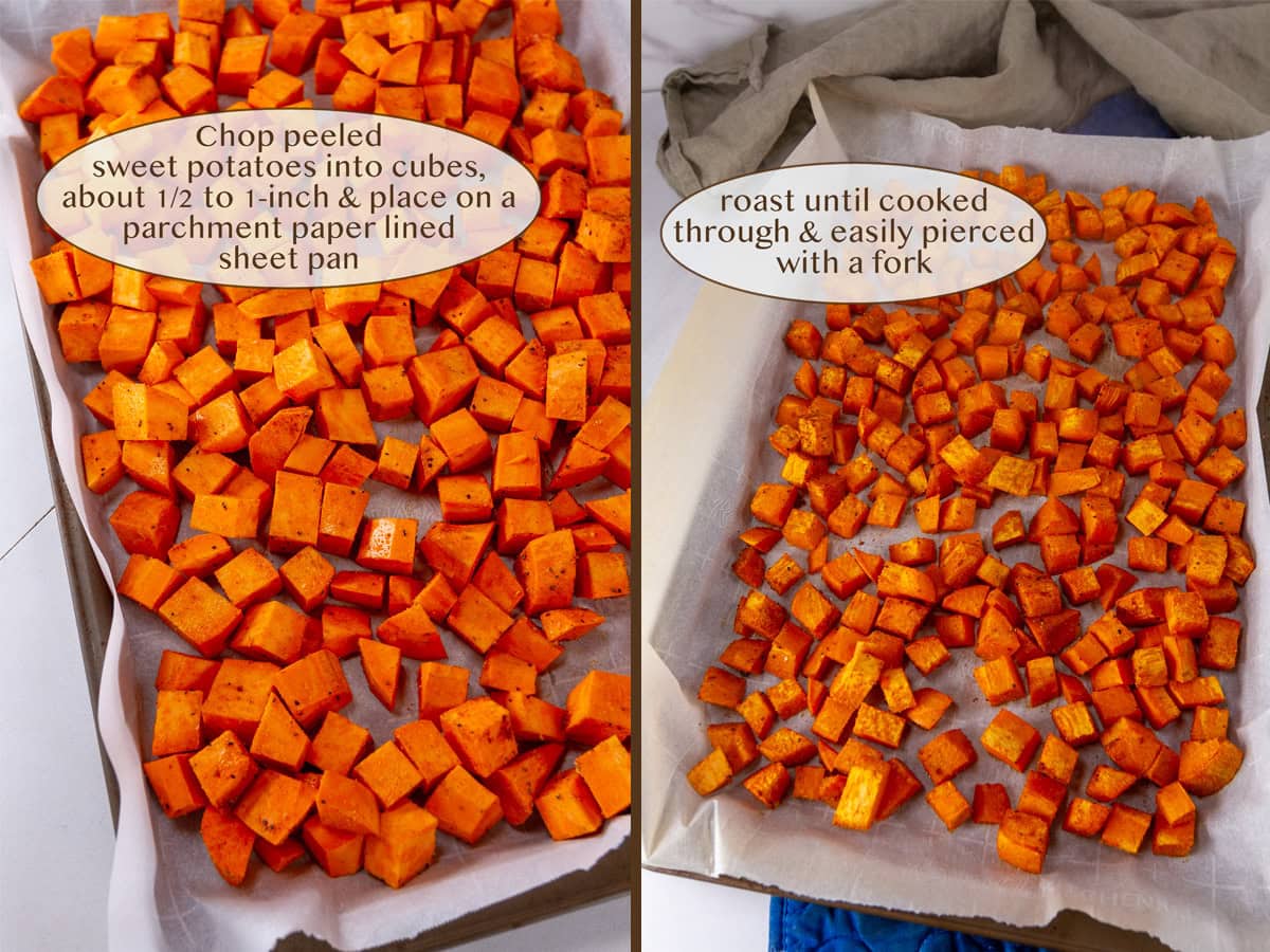 chopped sweet potatoes on a sheet pan ready to roast on left and after being roasted on right.