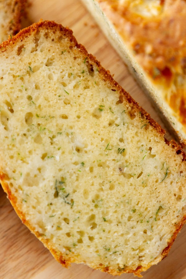 close up on the texture of the cottage cheese dill bread slice.