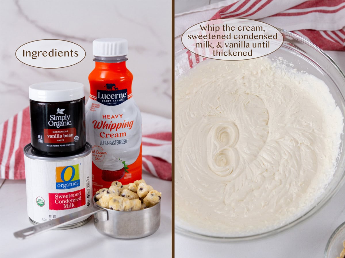 ingredients on left and a bowl of whipped cream on right.