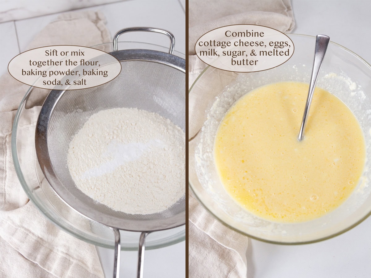 sifting dry ingredients on left and mixing wet ingredients on right.