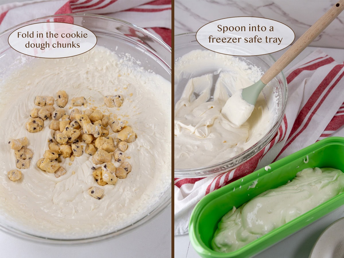 cookie dough chunks on top of the whipped cream on left and adding it to the ice cream container on right.