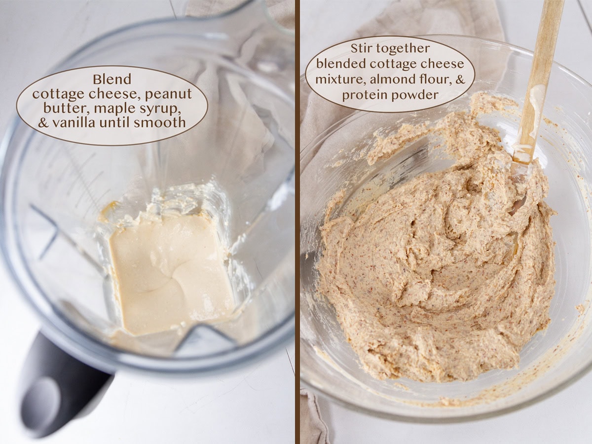 looking into a blender with smooth cottage cheese on the left and mixed cottage cheese cookie dough on the right.