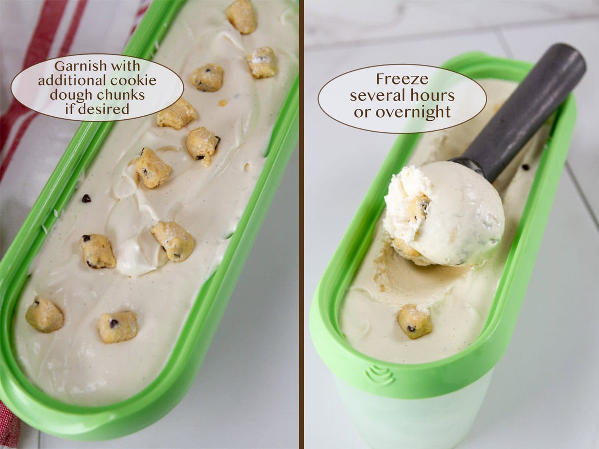 garnished ice cream on left and scooping it on right.