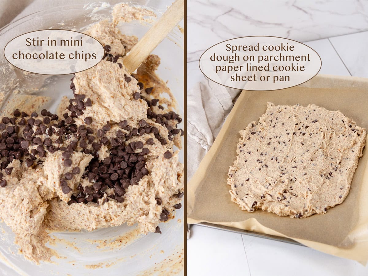 mixing in chocolate chip and spreading out the dough.